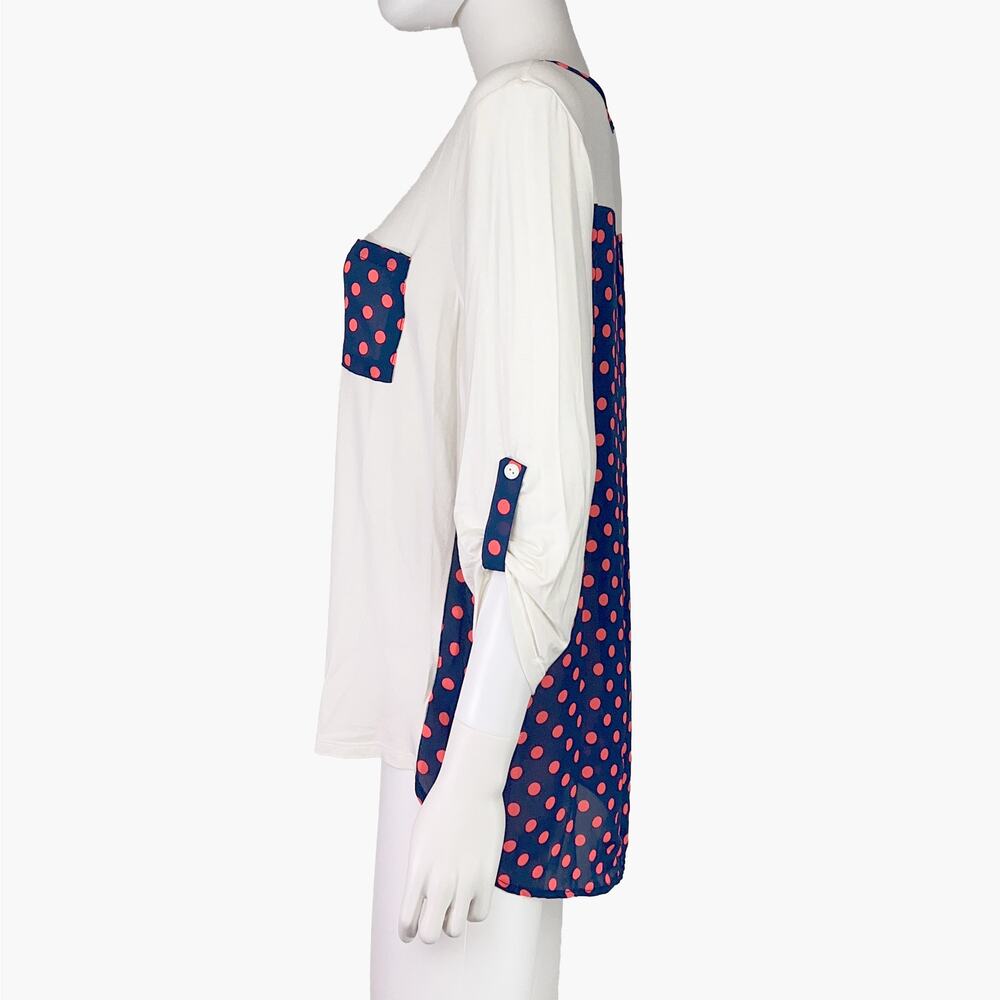 ADRIENNE Blue & Red Polka Dot Back Blouse Top (White | Size M) - Picture 3 of 8